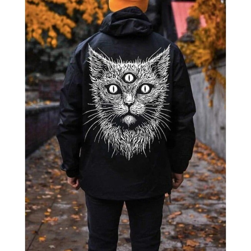 BORN DEAD CLOTHING Life 9 Tattoo Inspired Black Half Zip Windbreaker 3 Eyed Cat